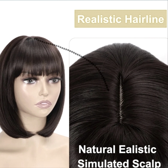 12 inch Short Bob Wig with Bangs Straight Dark Bown Hair NWOT - Picture 8 of 8